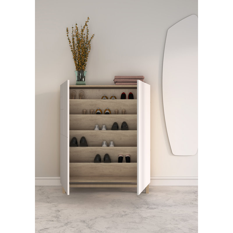 18 Pair Shoe Storage Cabinet, White/Light Oak