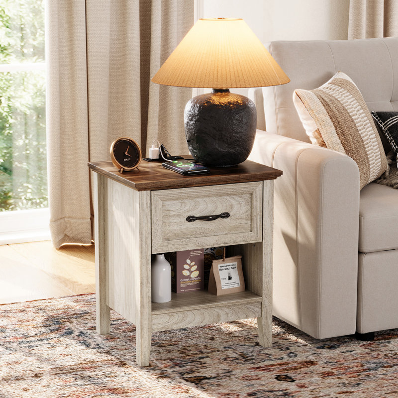 Table de chevet avec station de charge et rangement, table de chevet avec tiroir Anyah Farmhouse, Beige