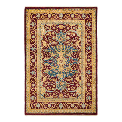 Tapis unique en laine noué à la main 6 pi 1 po x 9 pi nouvel âge Ohlone - rouge / vert / jaune