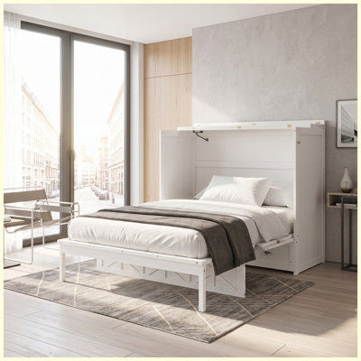 Full Size Murphy Wall Bed with Large Storage Drawers, White