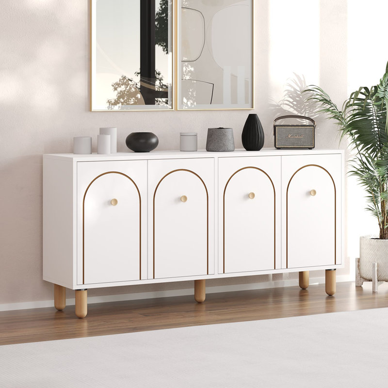 Modern White Console Table with Wall-Mount Capability, 59.1 x 28.7 x 14.2 inches | 100% Melamine Coated Particle Board, Thickness: 0.7 inches | Wooden Legs & Multiple Shelves, Stylish Geometric Design for Home & Office