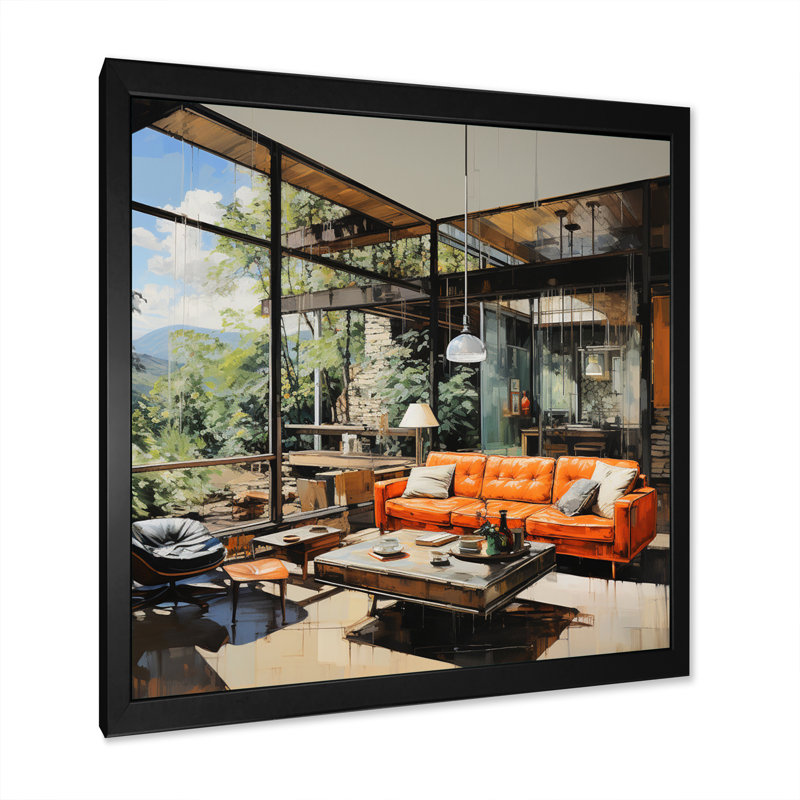 " Coral Black Mid Century Elevated Elegance II ", Black Picture Framed Canvas, 24" H x 24" W