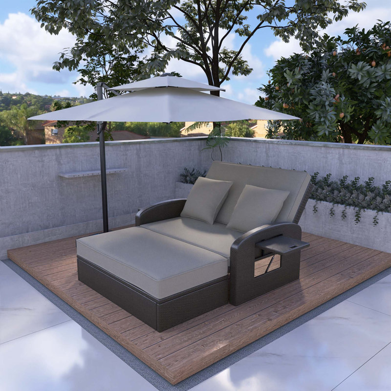 Grey Wicker Rattan Double Chaise Lounge With Cushions, Gray Cushion/Dark Gray Frame