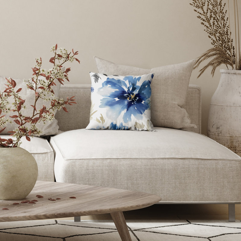 Coussin floral avec polyester de qualité supérieure, Blanc / Indigo, Carré H 18 po x l 18 po