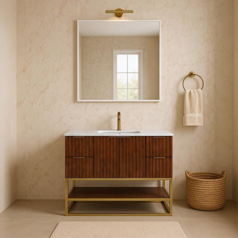 Kleier 48" Genuine Marble Top, Steel And Glass Base Vanity, Walnut