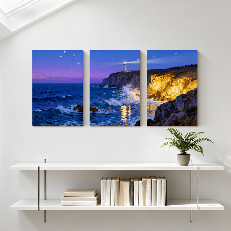 Abstrait phare sur une falaise la nuit avec des vagues, ensemble de 3 impressions sur toile, H 36 po x l 72 po