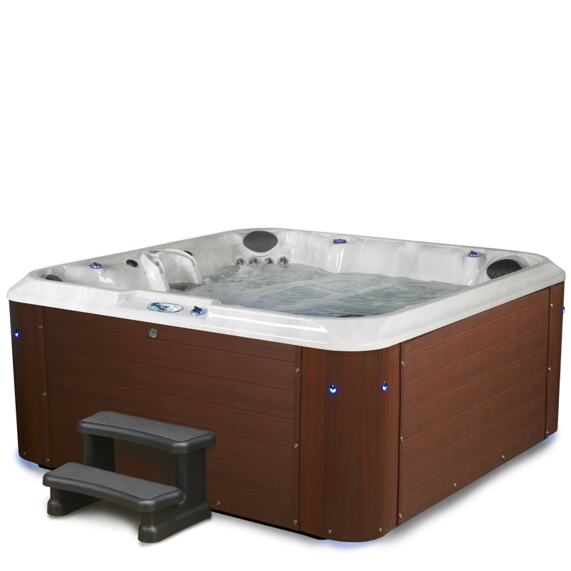 Redwood and Gloss White 6-Person Square Hot Tub with 100 Jets