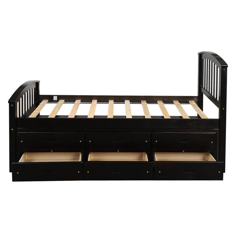 Orisfur. Lit plateforme simple avec rangement en bois massif et 6 tiroirs
