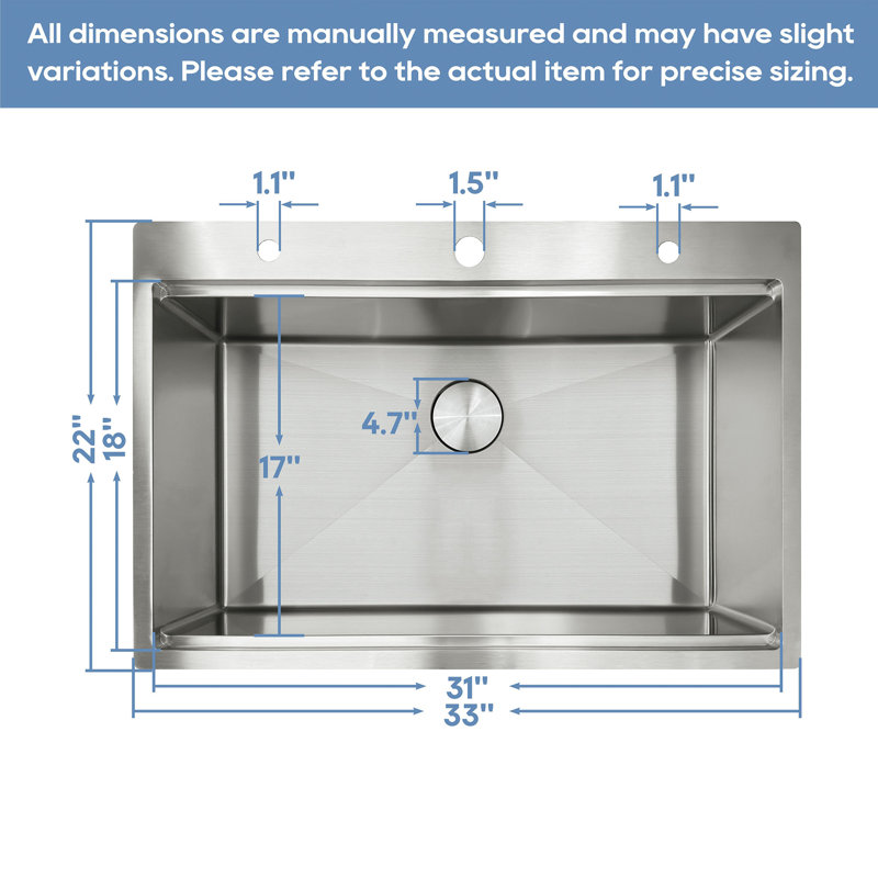 33'' Brushed Stainless Steel Single Bowl Drop-In Workstation Sink