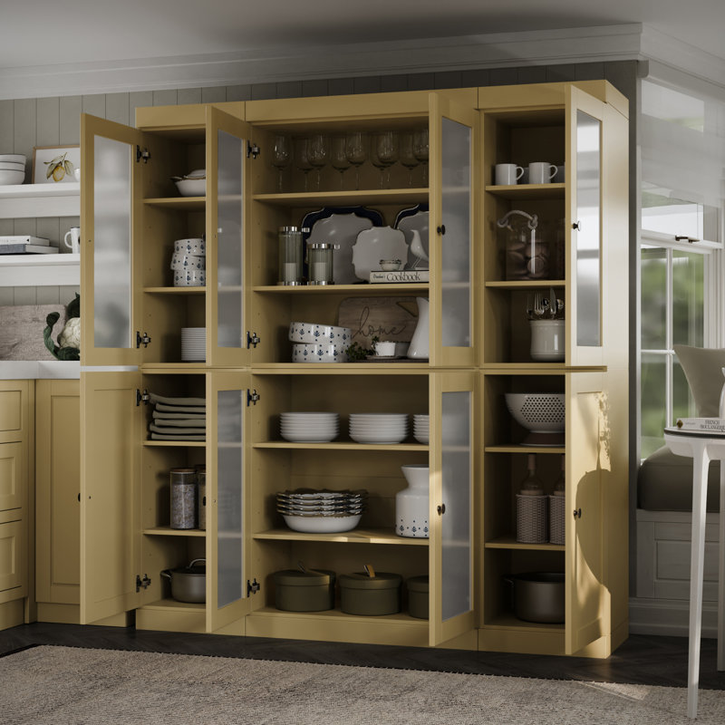 Garde-manger 100% en bois massif 65 po avec verre givré, portes Shaker et tablettes réglables, Jaune
