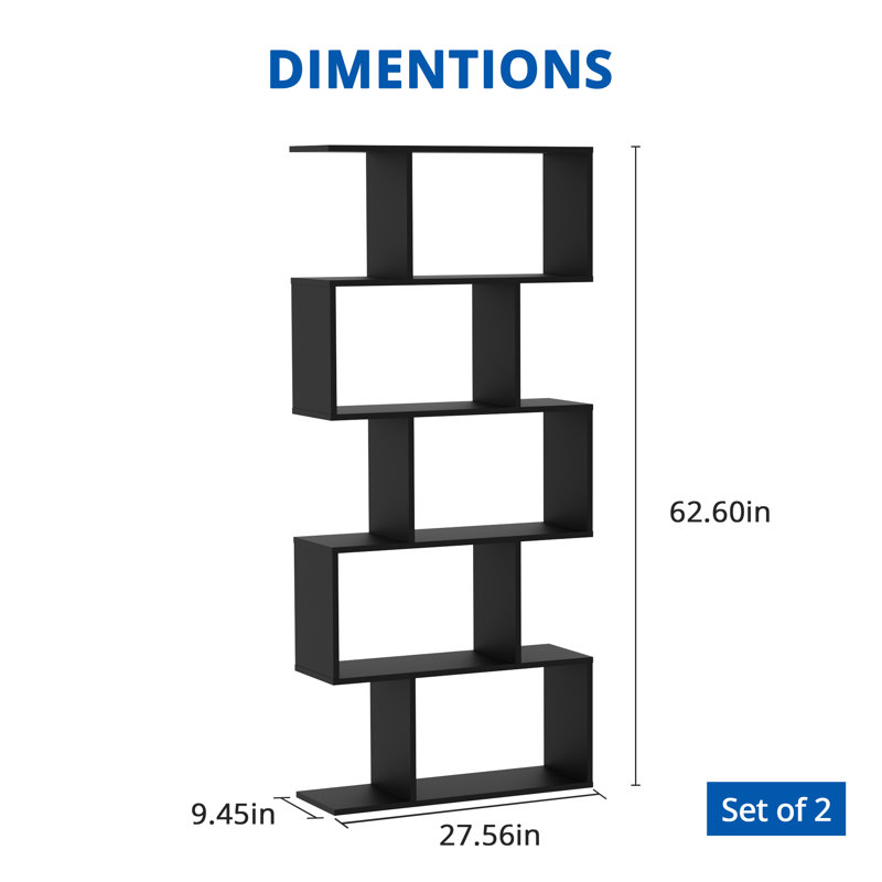 62.6" H Geometric Bookcase 5 Tier S-Shaped Room Divider Bookshelf, Black