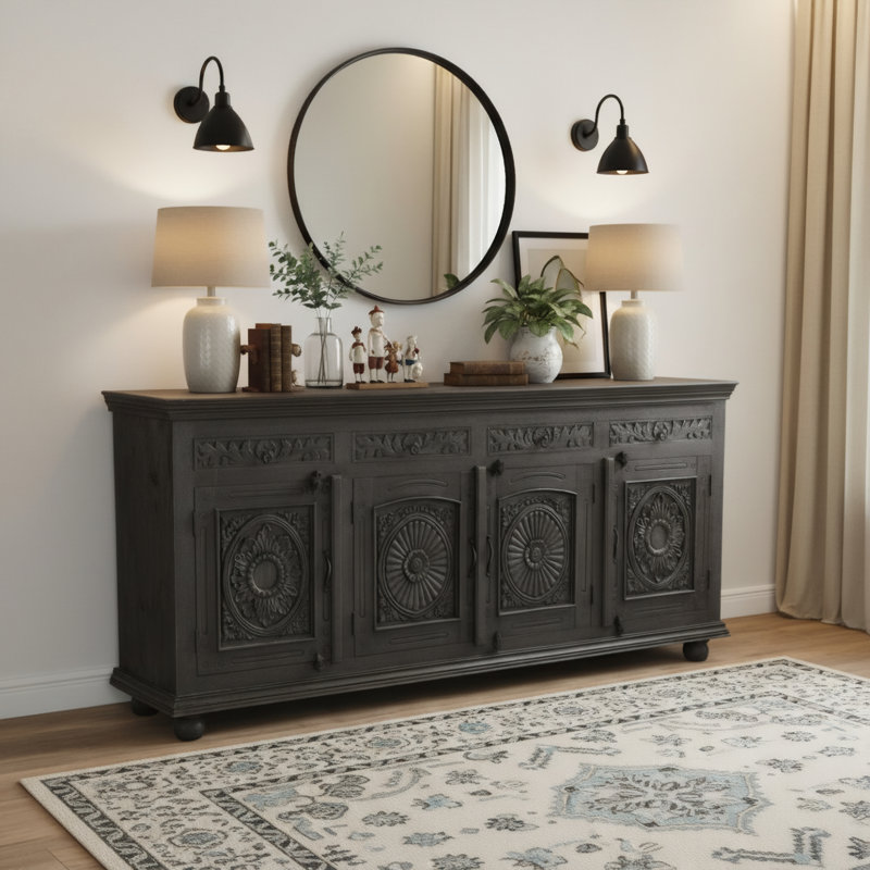Buffet en bois massif sculpté Harleen, Noir, L 102 po
