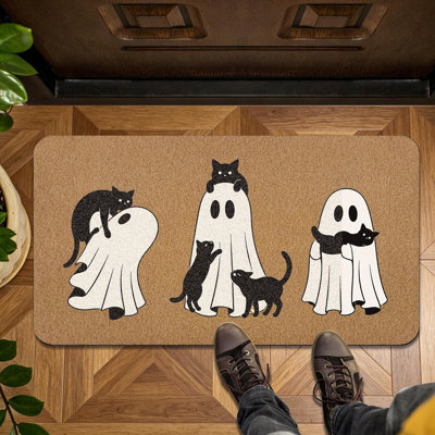 Black Cat Ghost Halloween Door Mat Rug Entryway Decor, 30x17In Spooky Gothic Black Cat Ghost Front Door Mat Rug Indoor Entrance, Funny Halloween Fall Artificial Coir Doormat for Outdoor