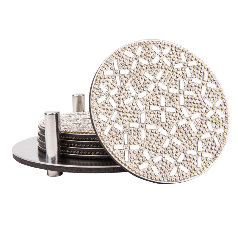 Sparkles Home | Ensemble de sous-verres avec support Madison Avenue | Acier inoxydable et pierres du Rhin | 4 pièces, Doré