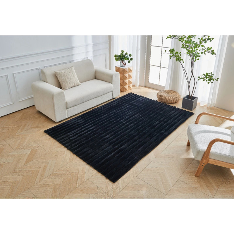 Soft Faux Fur Area Rug Washable Non-Slip Polyester Carpet for Living Room Bedroom Hallway Modern Plush Floor Rug, Black