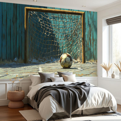 Murale Papier peint auto-adhésif Football rustique Baseball Basketball Vintage Bois But de sport Autocollant Papier contact amovible Décoration murale pour le salon Chambre à coucher H 69 po x l 96 po