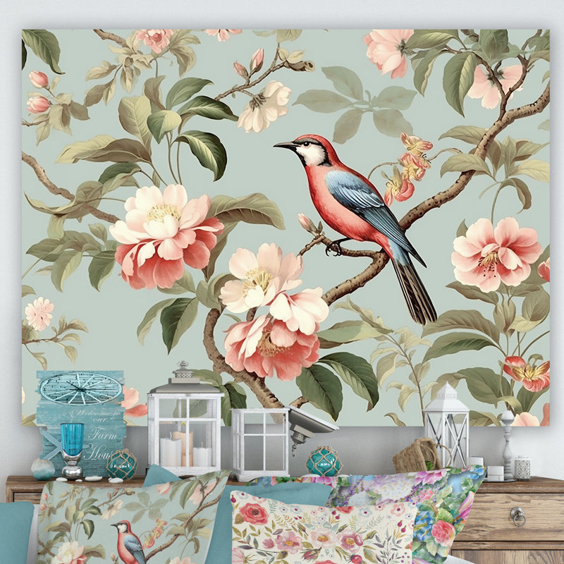 Chinoiserie, oiseaux et pivoines III sur toile, Toile tendue, H 30 po x l 40 po x P 1,5 po