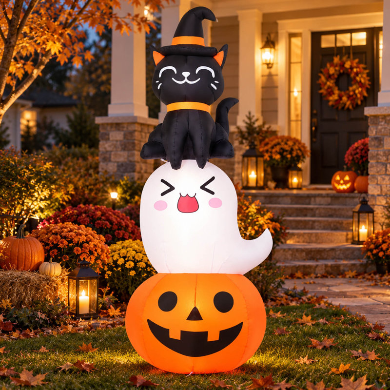 Ensemble citrouille fantôme et chat gonflable d'Halloween de 1,80 m avec DEL intégrées