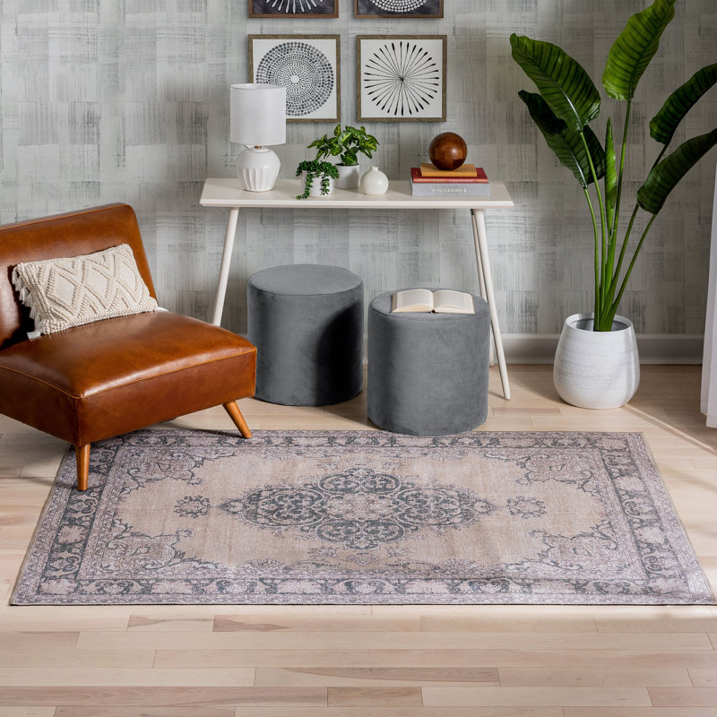 Nile Vintage Machine Washable Flat-Weave Medallion Beige Rug, Rectangle 115 x 170cm