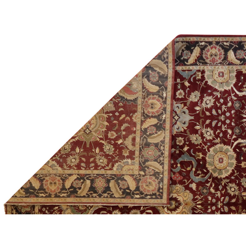 Oriental Hand-Knotted Wool Area Rug in Burgundy/Brown/Blue/Black, Rectangle 12'2" x 14'9"