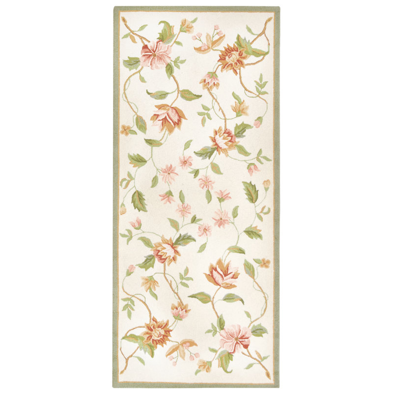 Kinchen Hand Hooked Wool Floral Rug, Runner 2'6" x 6', Beige