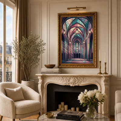 Tableau sur toile représentant des arches gothiques turquoise et rose avec lanternes suspendues