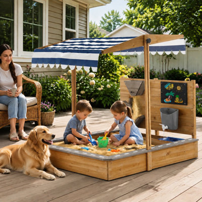 Bac à sable extérieur en bois 44'' x 40,3'' - Jouet de plage avec toit réglable en hauteur pour la plage et le jardin