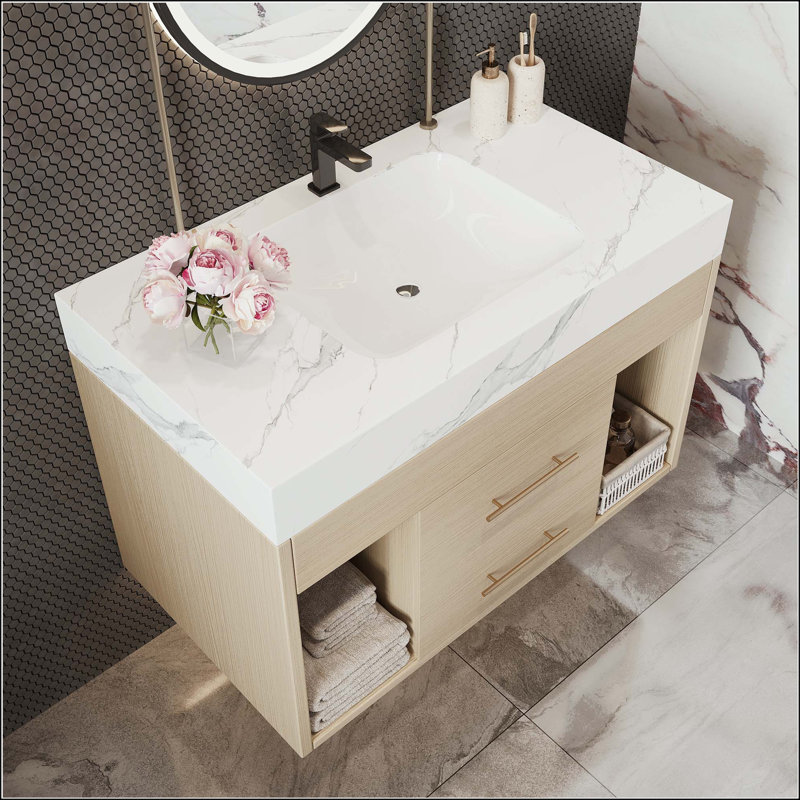 Meuble-lavabo mural 29,9 po avec plateau en pierre frittée, Bois, White