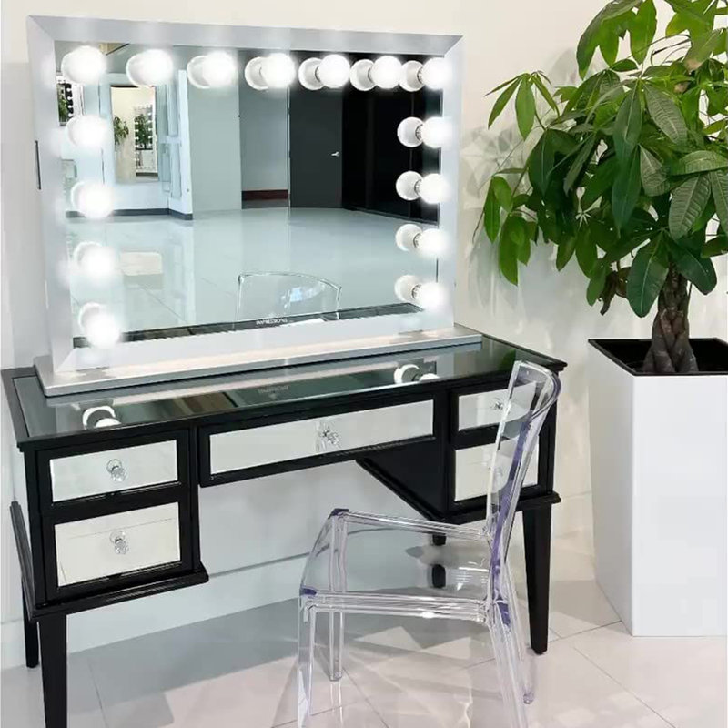 Silver Rectangular Lighted Magnifying Vanity Mirror with LED Bulbs