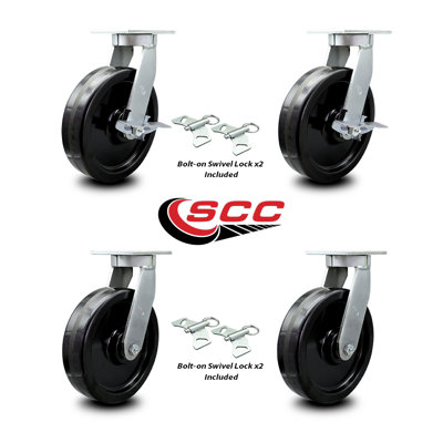 Extra Heavy Duty Phenolic Wheel Caster Set 4 Swivel Locks 2 Brakes SCC