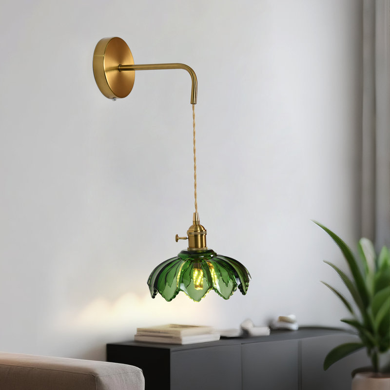 Curved Arm Brass Wall Sconce With Adjustable Drop And Milky Green Glass Shade, Green