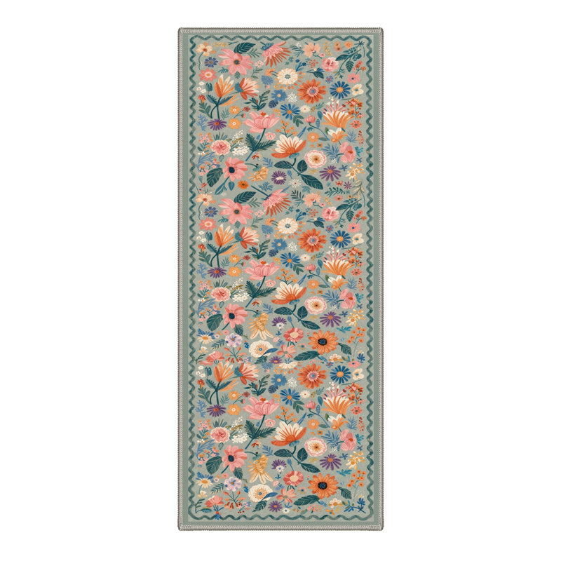Aarna Blossom Floral Machine Washable Green / Beige Indoor Area Rug with Non-Slip Backing, Runner 2' x 7'