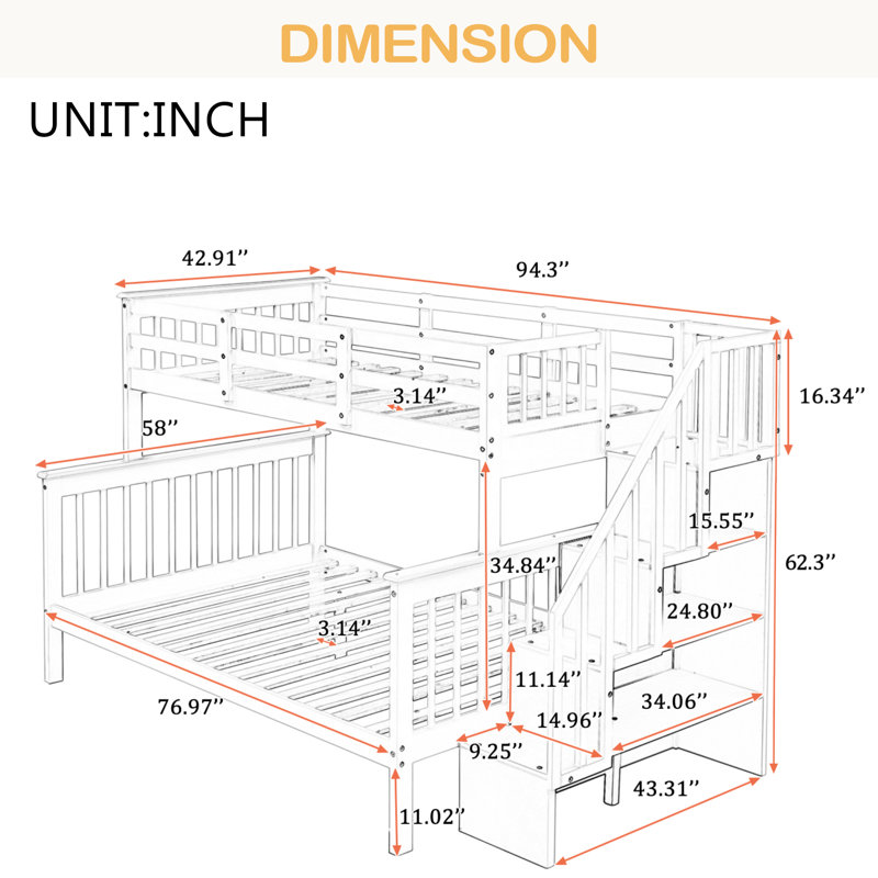 Lit superposé simple au-dessus de double avec rangement et garde-corps pour chambre à coucher Stairway, Gris