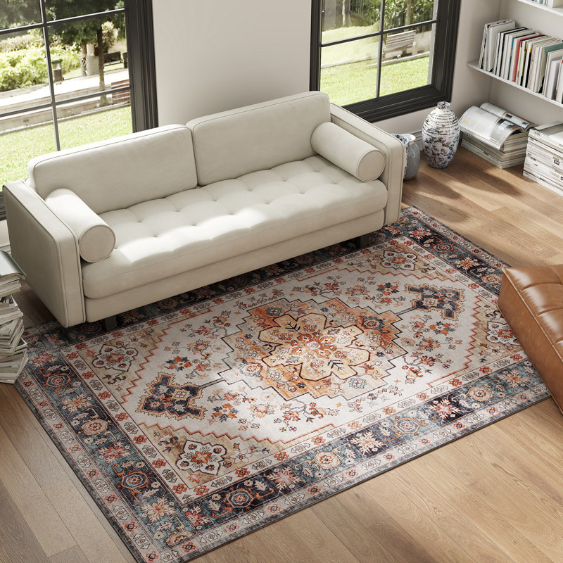 Washable Area Rug,  Vintage Indoor Distressed Carpet, Retro Floor Cover Foldable, Floral Print Mat for Living Room, Bedroom, Dining Room, Tawny Brown
