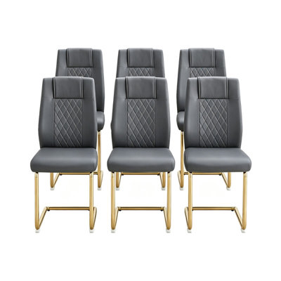 Ensemble de 6 chaises d'appoint de salle à manger matelassées à dossier solide en losange gris, revêtement en similicuir avec cadre continu en métal poli doré pour la salle à manger, la cuisine, la chambre et le salon