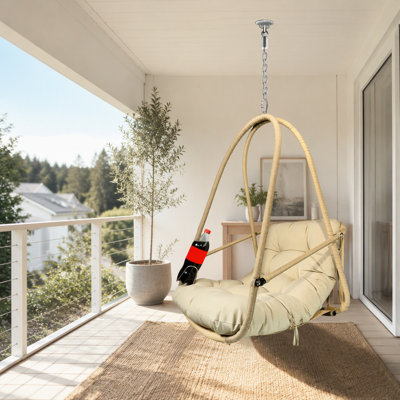 Fauteuil suspendu œuf avec support, fauteuil suspendu de patio en rotin tressé avec coussin, oreiller et porte-gobelet pour une utilisation intérieure et extérieure