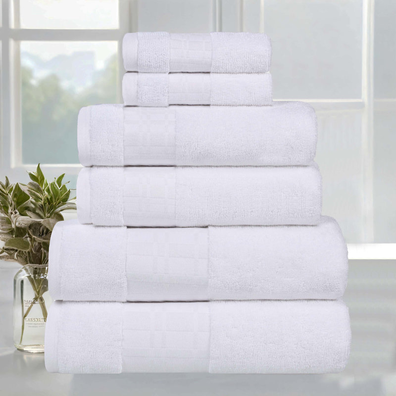 Mikira Larissa Cotton Medium Weight Geometric Border 6 Piece Assorted Towel Set, White/White