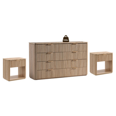 3-Piece Fluted Bedroom Set with Faux Marble Top, 8-Drawer Dresser + Set of 2 Nightstands