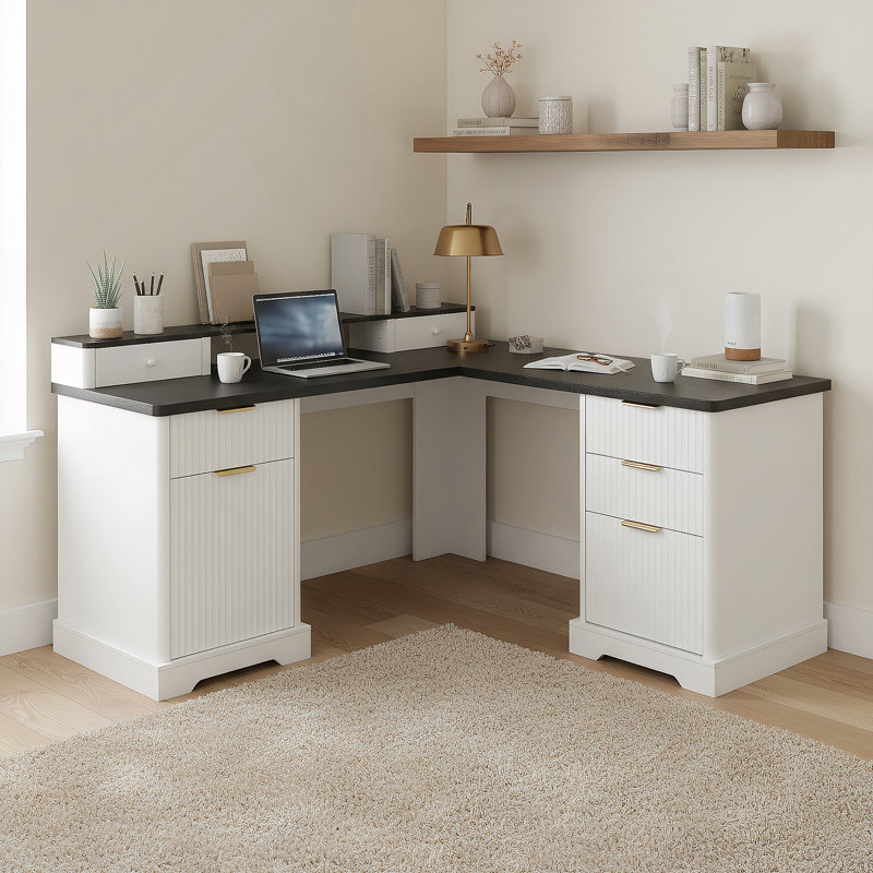 59" Modern Fluted L-Shaped Desk With Charging Station & Storage Cabinet - Home Office Computer Desk With Monitor Stand, File Drawer And Removable Support Shelf For Study, Home Office, White