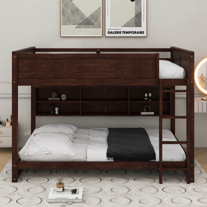 Queen Over Queen Bunk Bed With Built-In Storage Cabinets And Charging Station, Brown