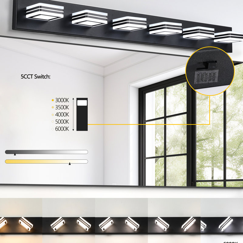 Modern Dimmable 6- Bathroom Vanity Led , Iron & Acrylic, Energy Efficient, 36W, 100 - 120V, 5.7In Width, Black Sleek Dimmable, Black, Wall Mounted