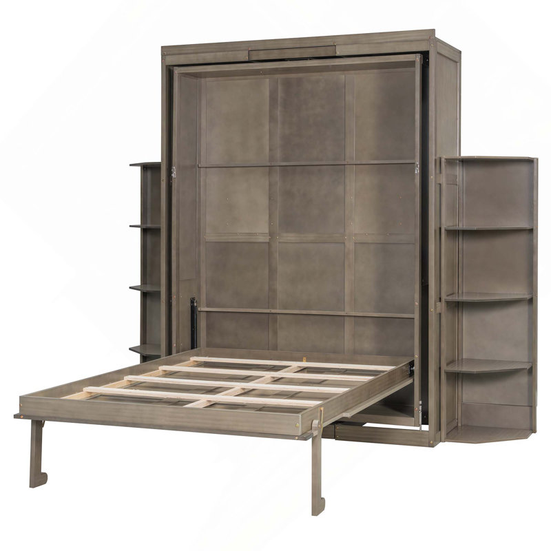 Rotating Murphy Bed with Hidden Wall Cabinet, Dual 3-Tier Side Shelves, Convertible Desk, Space-Saving Multifunctional Wall Bed