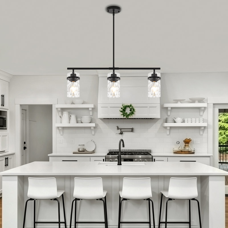 Éclairage d'îlot de cuisine noir, lustre linéaire moderne à 3 lumières avec abat-jour en verre martelé, luminaire suspendu à hauteur réglable de 29,52 po au-dessus de la table
