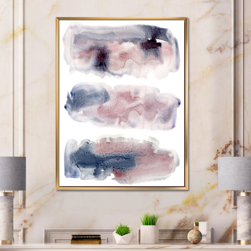 «Pink and Blue Clouds with Beige Spots I», peinture sur toile à cadre flottant, Toile encadrée d'or