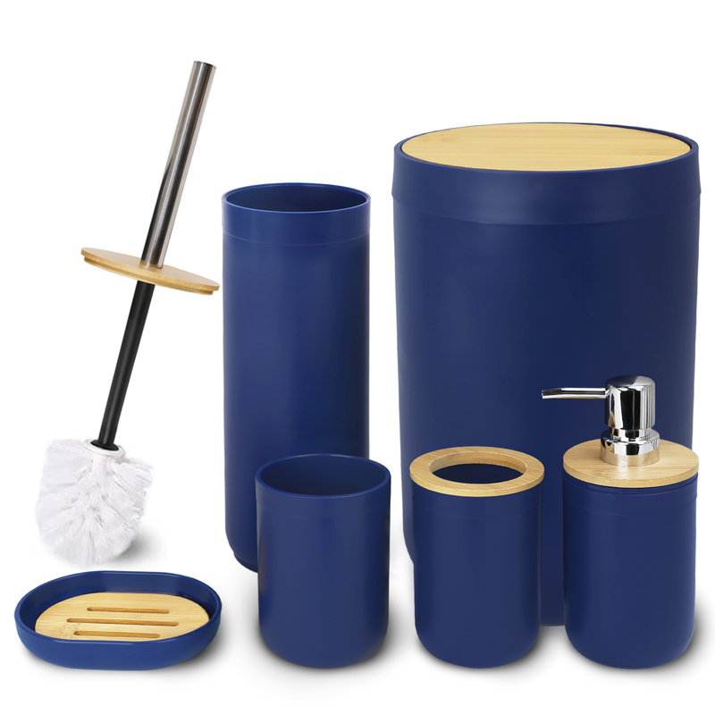 Ensemble d'accessoires de salle de bain en bambou Nathaniel, 6 pièces, Bleu foncé