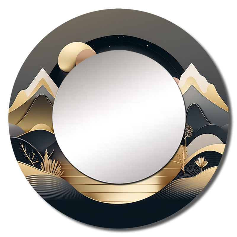 Ophilia Dreamy Golden Mountain II - miroir mural en marbre, miroir décoratif rond moderne, impression d'art en métal