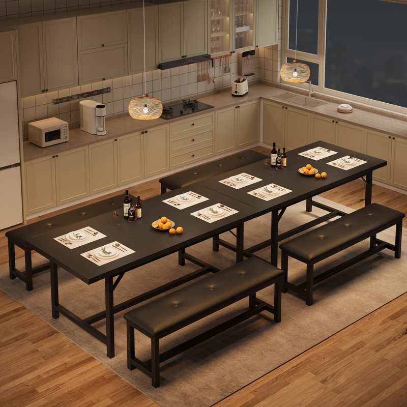 Ensemble de table de salle à manger pour 4-6, table de salle à manger extensible en bois de 63 po avec protecteur d'angle et 2 bancs rembourrés, ensemble de table de cuisine pour appartement, petit espace, assemblage facile