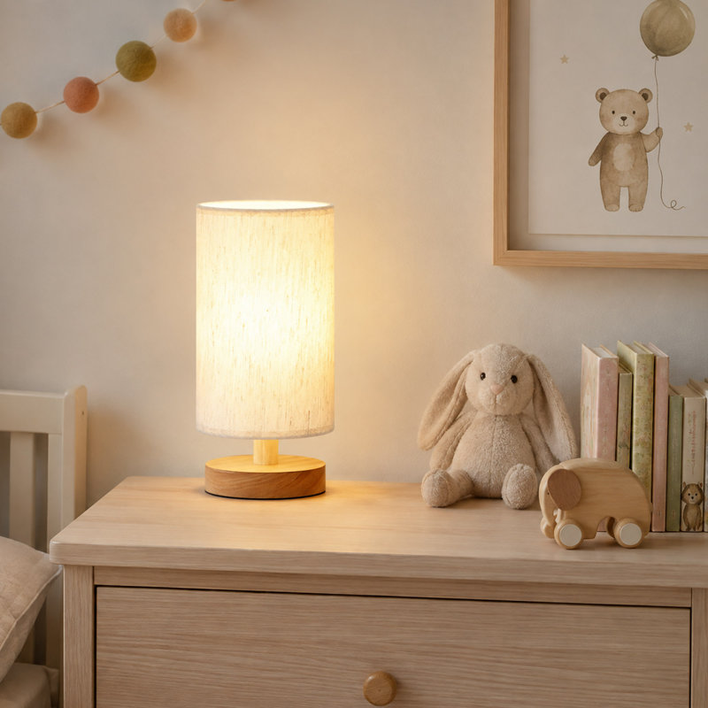 Lampe de table de 23 cm (9 pouces), abat-jour en tissu crème et pied en bois