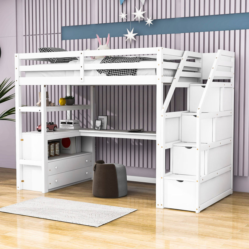 Kids Loft Bed with Drawers, White, Twin