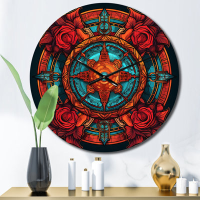 Retro Floral Mandala In Red And Turquoise Wall Clock